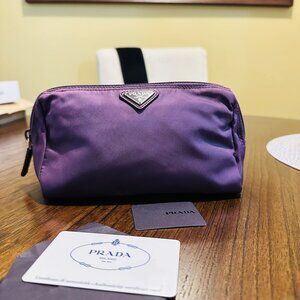Authentic Prada Purple Nylon Logo Plate Cosmetic Pouch Large- Pristine